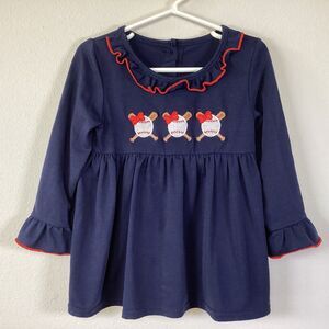 Abby & Evie Baseballs Bats Embroidered Blue Top Gathered Waist Trimmed Red Sz 3T
